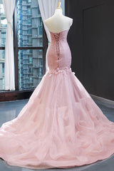 Pink Mermaid Prom Dress Sleeveless Sweetheart Evening Dress With 3D Flowers