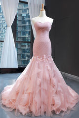Pink Mermaid Prom Dress Sleeveless Sweetheart Evening Dress With 3D Flowers