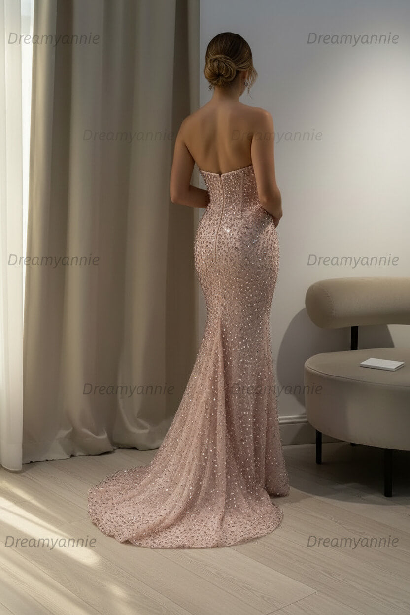 Pink Mermaid Prom Dress Strapless Beaded Evening Dress