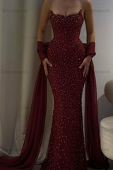 Pink Mermaid Prom Dress Strapless Beaded Evening Dress