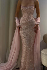 Pink Mermaid Prom Dress Strapless Beaded Evening Dress