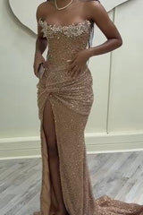 Pink Mermaid Prom Dress Strapless Sequined Sleeveless Evening Dress