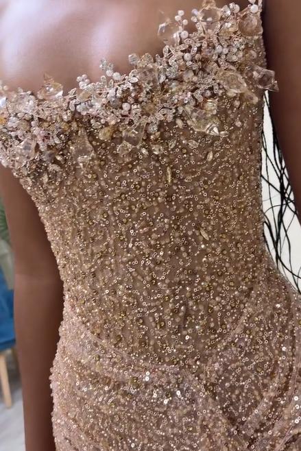 Pink Mermaid Prom Dress Strapless Sequined Sleeveless Evening Dress
