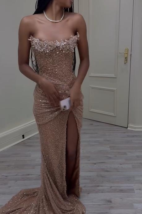 Pink Mermaid Prom Dress Strapless Sequined Sleeveless Evening Dress