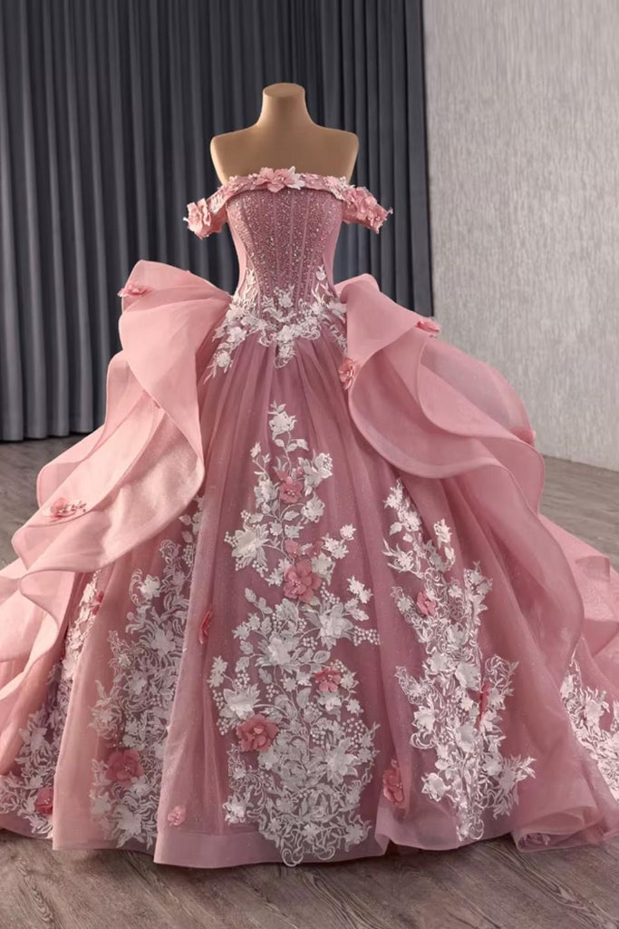 pink off the shoulder quinceanera dresses Dreamyannie Pink Off Shoulder Quinceanera Dress Ball Gown Sweet 16 Dress  with Lace Appliques – Dreamyannie UK