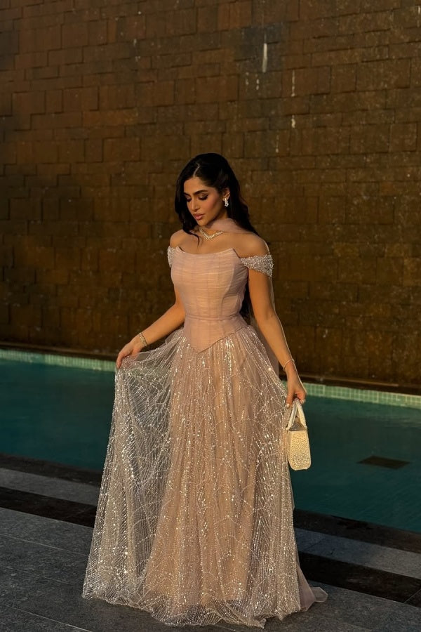 Pink Off The Shoulder Beaded Evening Dress Sequined Tulle A Line Prom Formal Dress