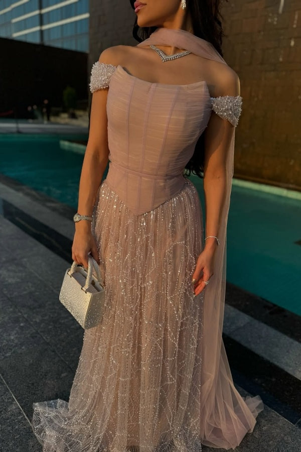 Pink Off The Shoulder Beaded Evening Dress Sequined Tulle A Line Prom Formal Dress