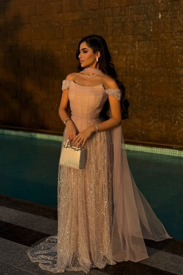 Pink Off The Shoulder Beaded Evening Dress Sequined Tulle A Line Prom Formal Dress