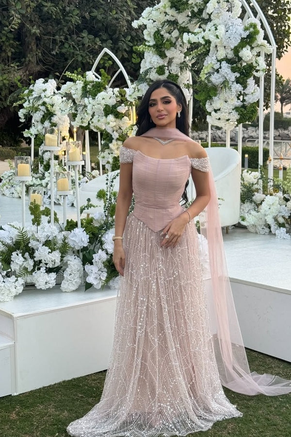 Pink Off The Shoulder Beaded Evening Dress Sequined Tulle A Line Prom Formal Dress