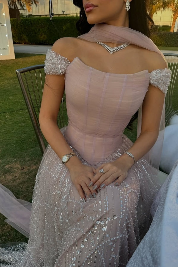 Pink Off The Shoulder Beaded Evening Dress Sequined Tulle A Line Prom Formal Dress