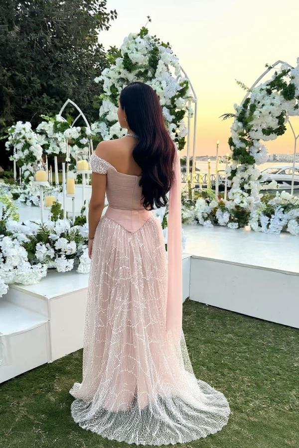 Pink Off The Shoulder Beaded Evening Dress Sequined Tulle A Line Prom Formal Dress