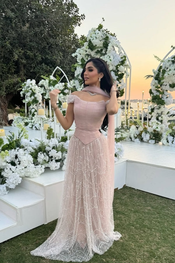 Pink Off The Shoulder Beaded Evening Dress Sequined Tulle A Line Prom Formal Dress