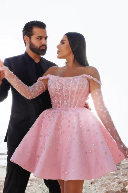 Pink Off the Shoulder Graduation Dress Ball Gown Beaded Short Cocktail Dress