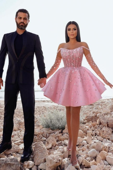 Pink Off the Shoulder Graduation Dress Ball Gown Beaded Short Cocktail Dress