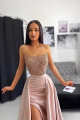 Pink Off the Shoulder Sleeveless Evening Dress with Applique Pleats