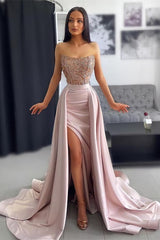Pink Off the Shoulder Sleeveless Evening Dress with Applique Pleats