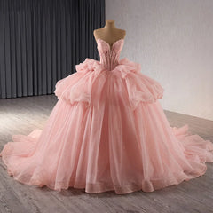 Pink Quinceanera Dress Beaded Crystals Detachable Sleeves Pearls Sweet 16 Party Dress