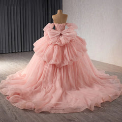 Pink Quinceanera Dress Beaded Crystals Detachable Sleeves Pearls Sweet 16 Party Dress