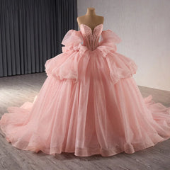 Pink Quinceanera Dress Beaded Crystals Detachable Sleeves Pearls Sweet 16 Party Dress