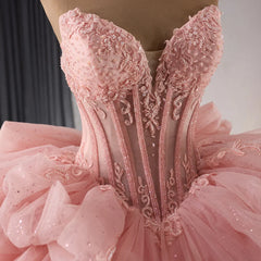 Pink Quinceanera Dress Beaded Crystals Detachable Sleeves Pearls Sweet 16 Party Dress