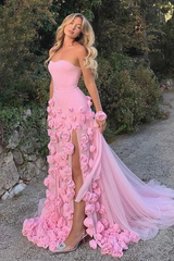 Pink Prom Dress 3D Flowers Strapless Mermaid Formal Dress With Side Slit