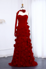 Pink Prom Dress 3D Flowers Strapless Mermaid Formal Dress With Side Slit
