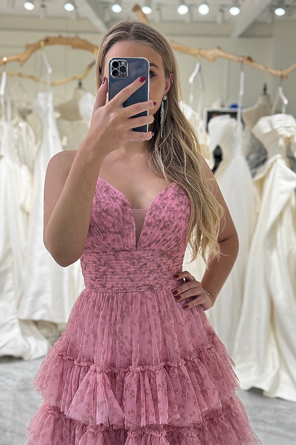 Pink Prom Dress A Line Backless Tiered Long Evening Dress