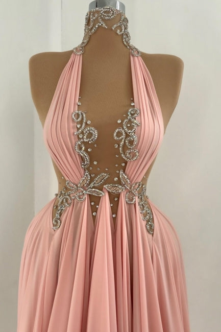 Pink Prom Dress A Line Halter High Neck Beaded Sleeveless Floor Length Chiffon Formal Dress With Rhinestone