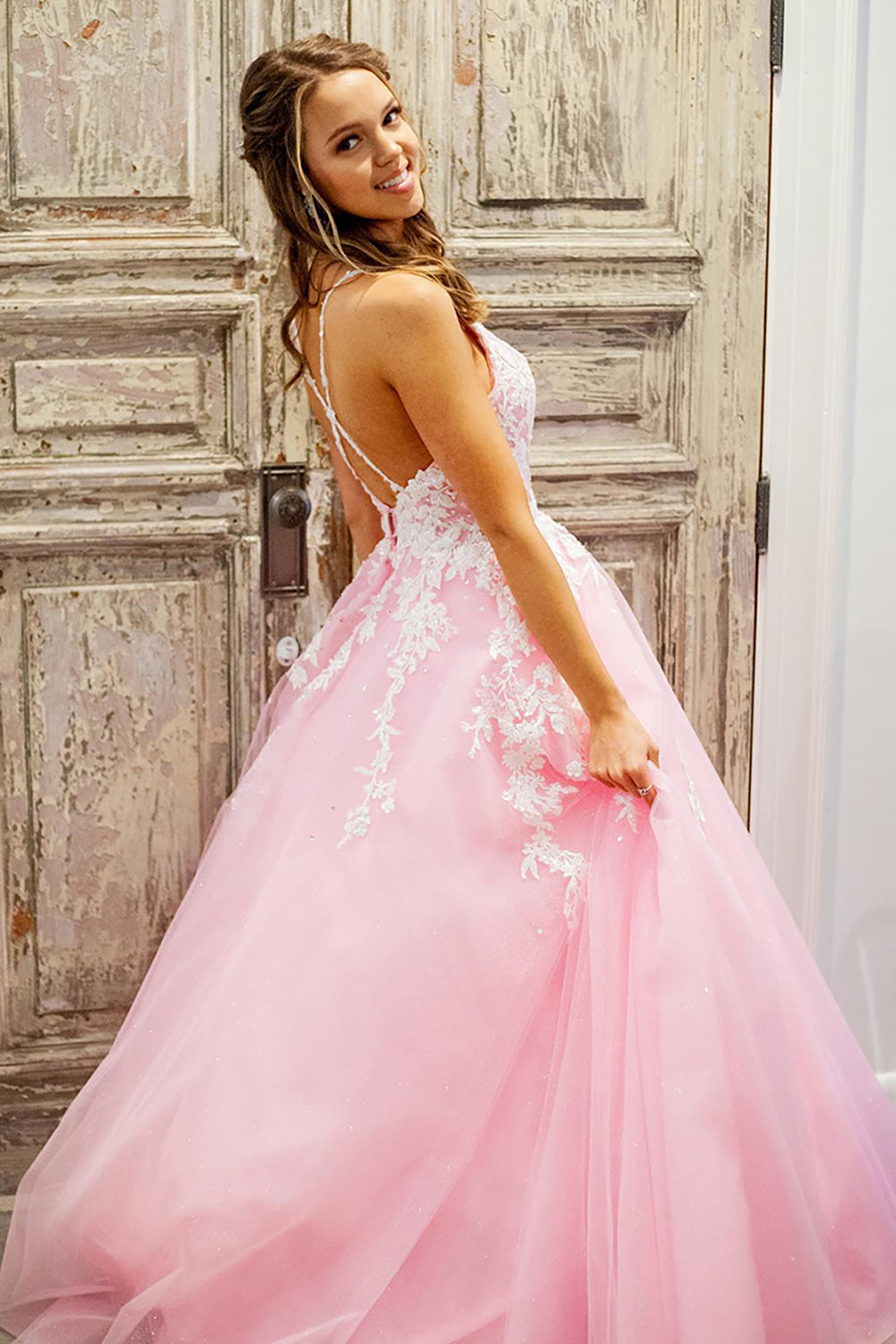 Pink Prom Dress A Line Lace Tulle Backless Long Formal Dress