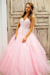 Pink Prom Dress A Line Lace Tulle Backless Long Formal Dress