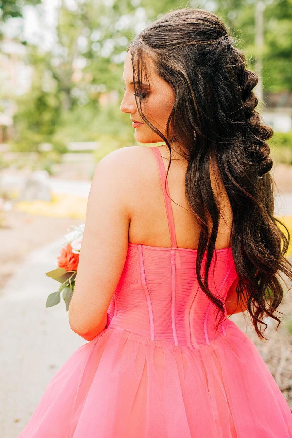 Pink Prom Dress A Line Spaghetti Straps Corset Tulle Long Evening Dress