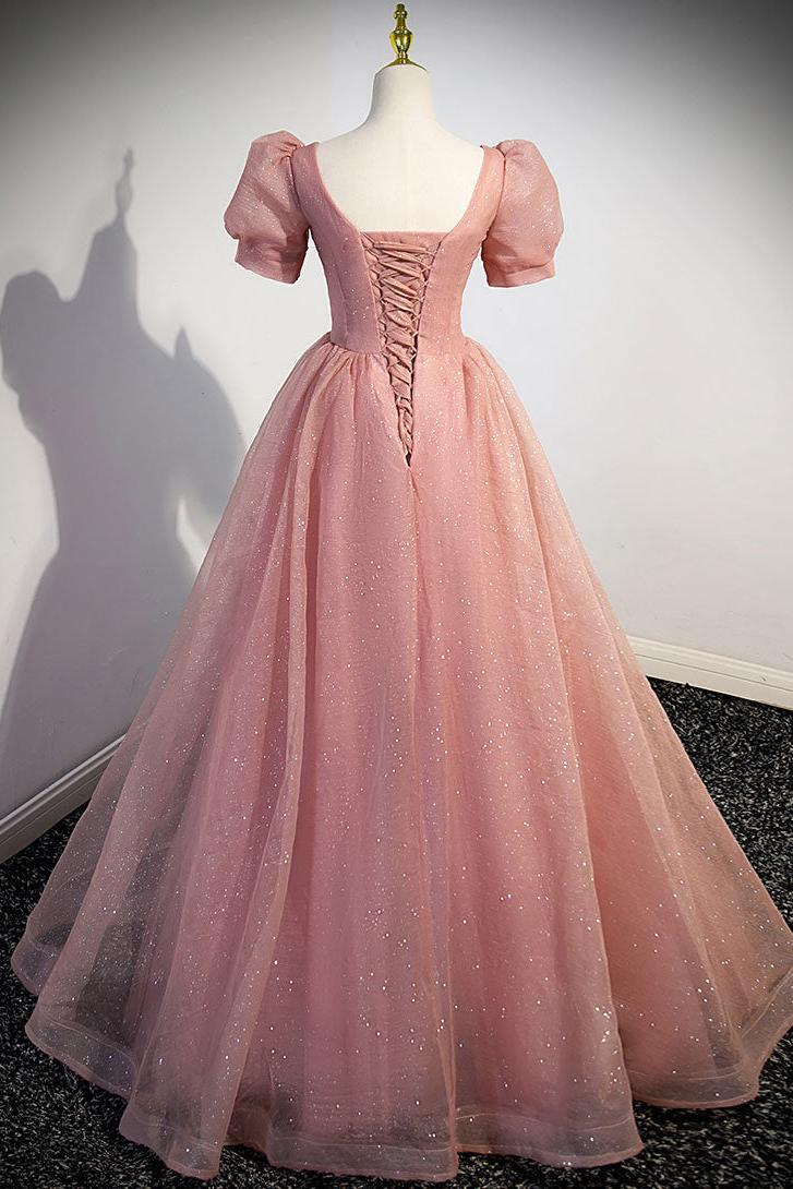 Pink Prom Dress A Line Tulle Sequin Lace Long Formal Evening Dress