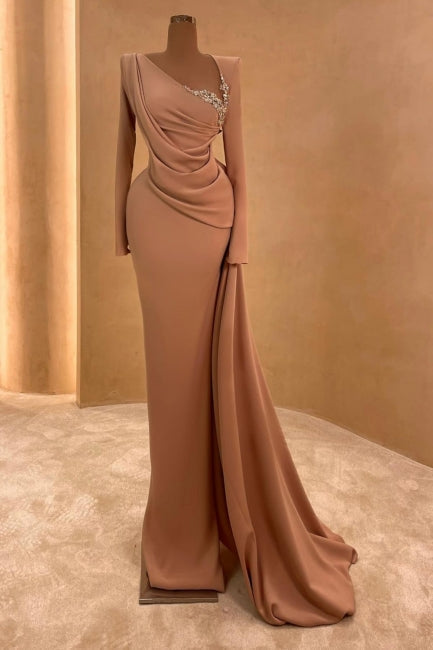 Pink Prom Dress Asymmetrical Sleeves Panel Train Satin Column Formal Dress
