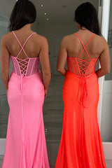 Pink Prom Dress Beaded Mermaid Ruched Spaghetti Straps Long Evening Dress With Slit