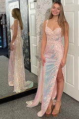 Pink Prom Dress Corset Mermaid Side Cape Long Evening Dress With Slit