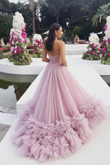 Pink Prom Dress Corset Sweetheart Long Evening Dress with Ruffles