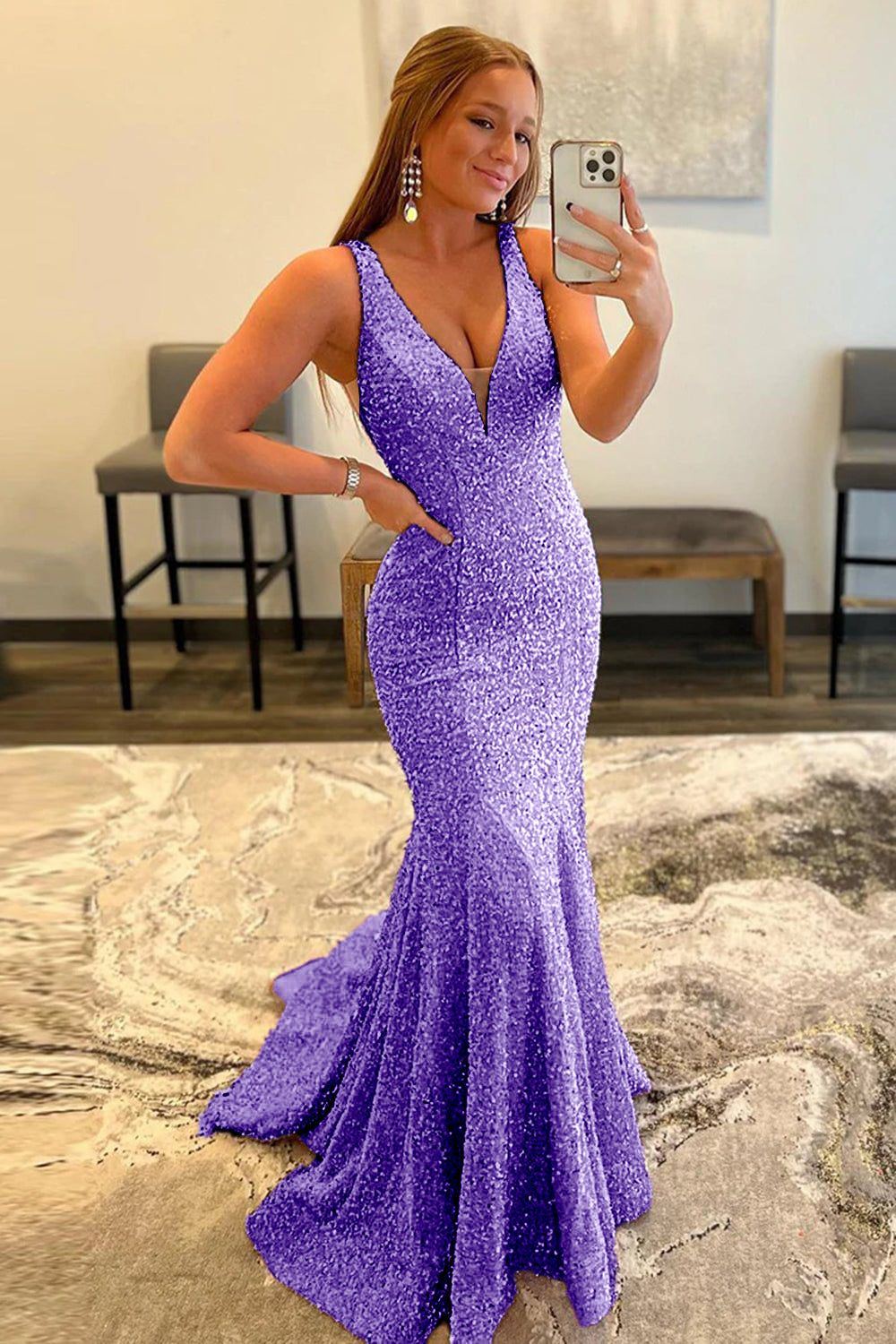 Pink Prom Dress Deep V Neck Mermaid Evening Dress