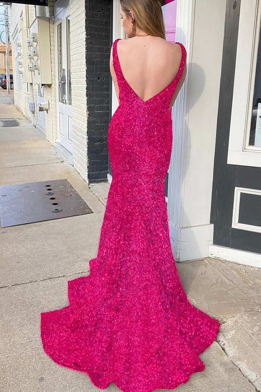 Pink Prom Dress Deep V Neck Mermaid Evening Dress