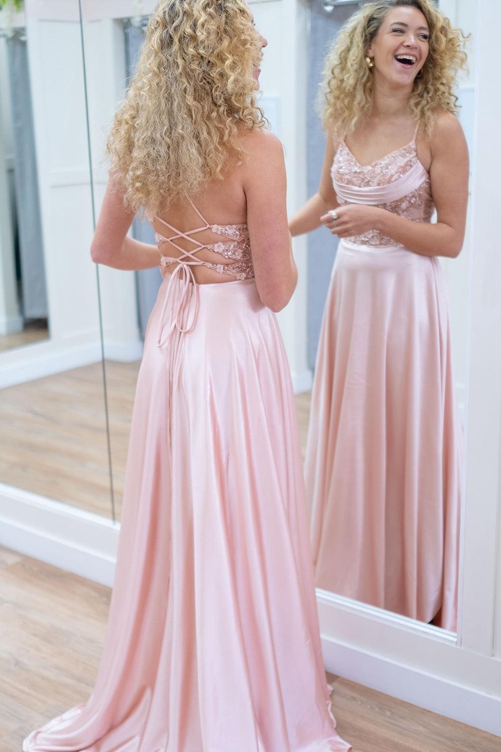 Pink Prom Dress Floral Spaghetti Straps A Line Long Evening Dress