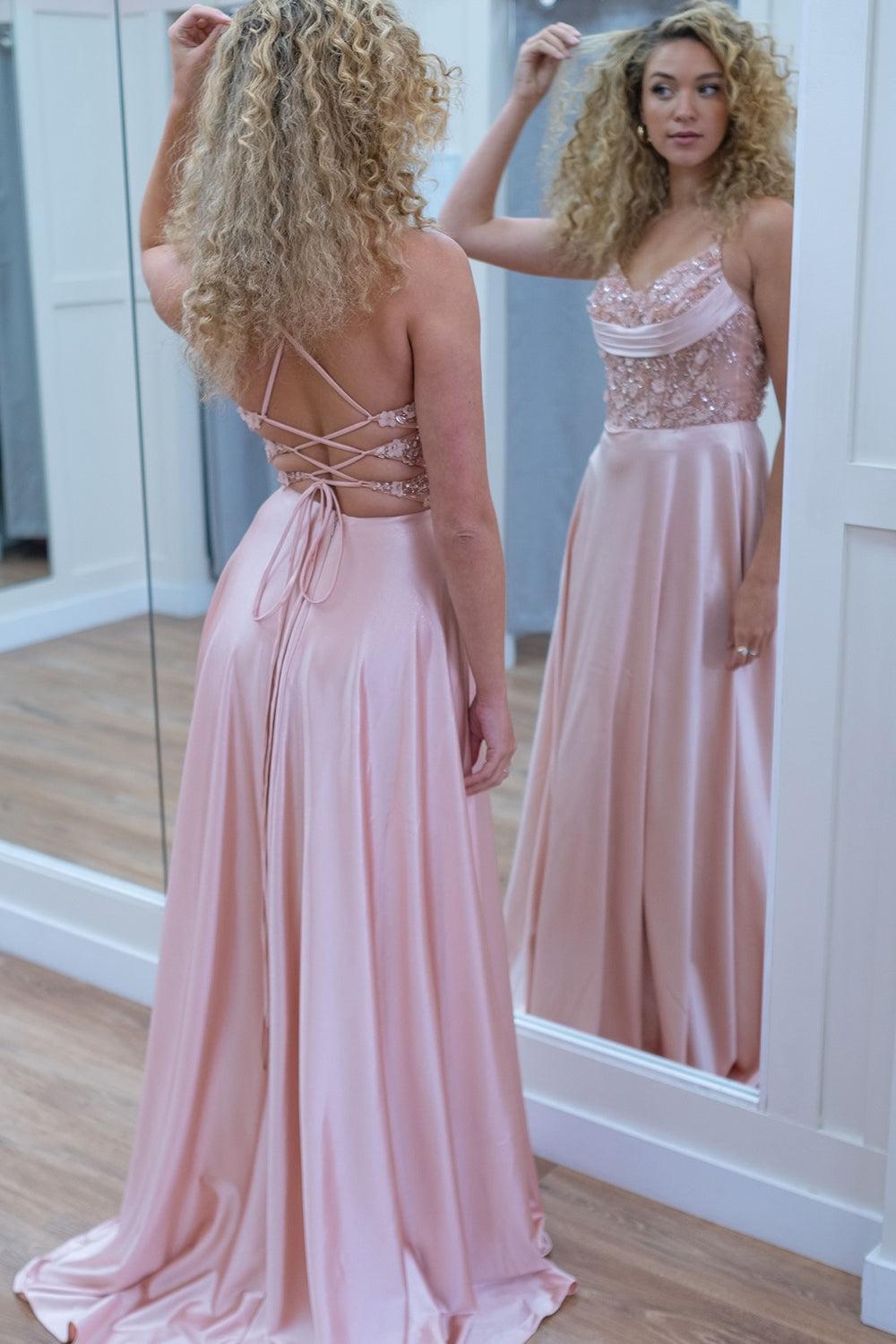 Pink Prom Dress Floral Spaghetti Straps A Line Long Evening Dress