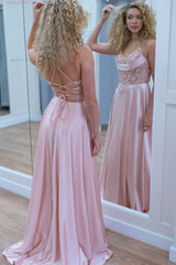 Pink Prom Dress Floral Spaghetti Straps A Line Long Evening Dress