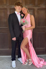 Pink Prom Dress Halter Satin Mermaid Long Evening Dress With Slit