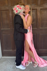Pink Prom Dress Halter Satin Mermaid Long Evening Dress With Slit
