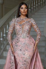Pink Prom Dress High Neck Beaded Embroidery Sleeves Detachable Panel Train Formal Dress With Rhinestone