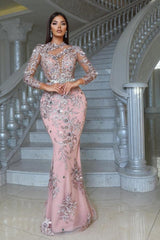 Pink Prom Dress High Neck Beaded Embroidery Sleeves Detachable Panel Train Formal Dress With Rhinestone