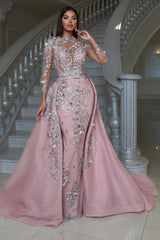Pink Prom Dress High Neck Beaded Embroidery Sleeves Detachable Panel Train Formal Dress With Rhinestone