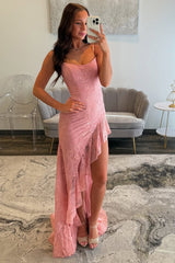 Pink Prom Dress Lace Long Ruffled Formal Dress With Slit