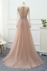 Pink Prom Dress Long Sleeve V Neck Beaded Evening Dress