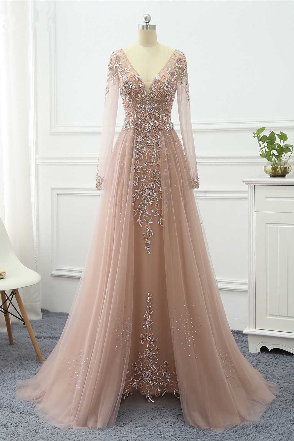 Pink Prom Dress Long Sleeve V Neck Beaded Evening Dress
