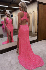 Pink Prom Dress Mermaid Fringed Evening Dress With Slit